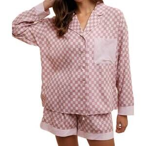 NEW KNIT & LOUNGE checkerboard button-up shirt and short pajama set in pink